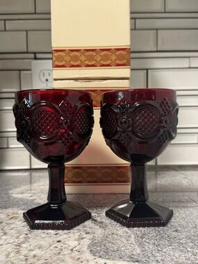 Avon 1876 Cape Cod Collection Ruby Red Glass Goblet Candle Holders (Pair)